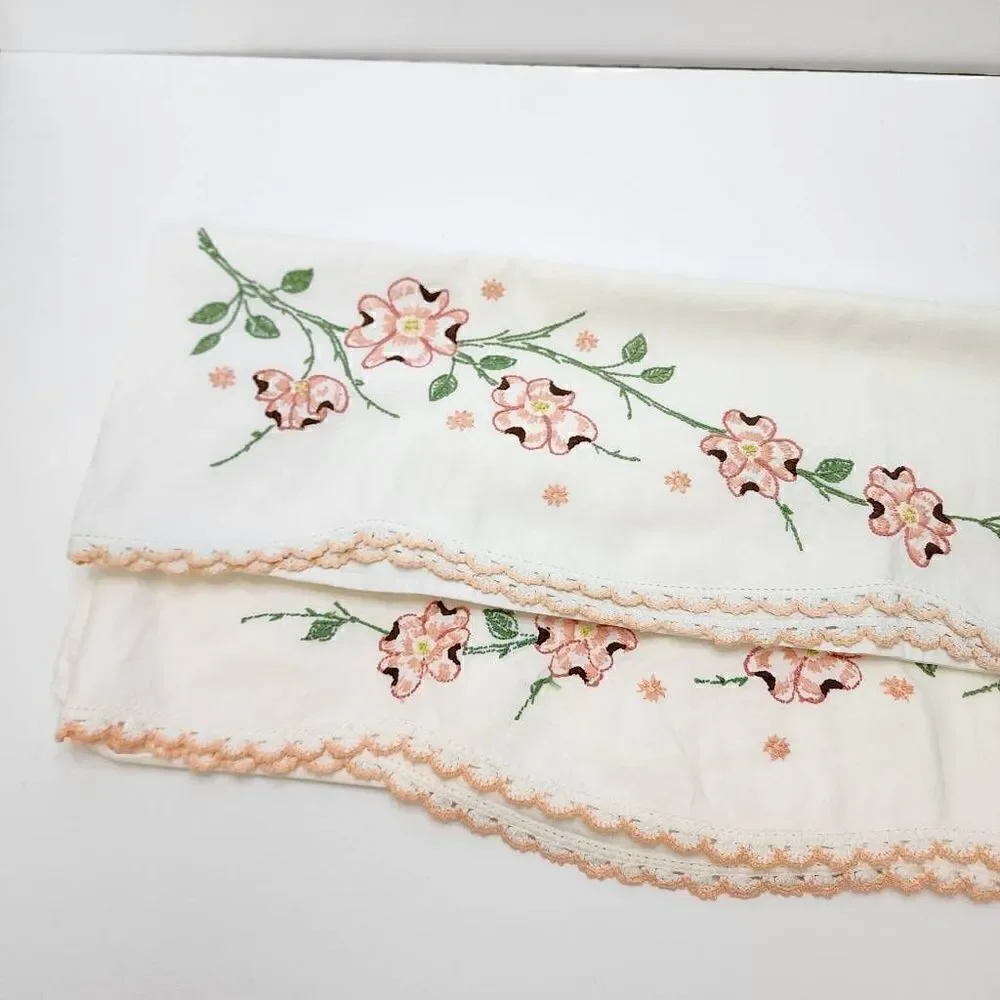 2 Vintage Matching White Pillowcases with Crocheted Edges and Embroidery
